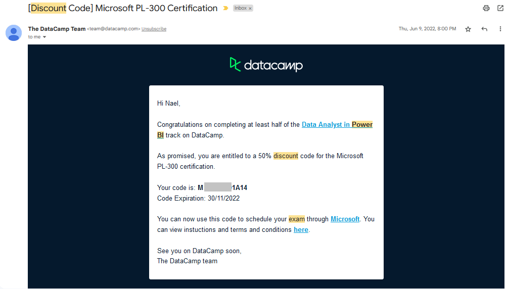 My 50% Discount Code on PL-300 Exam Email from Datacamp
